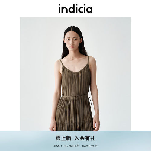 indicia标记商场同款夏季新款褶皱休闲度假吊带连衣裙F2B5LQ263C