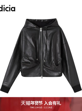 indicia标记商场同款连帽短款韩系复古小个子皮衣夹克F2D4PY762C