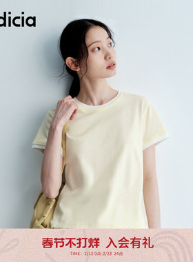 indicia标记25夏新款奶黄色少女感假两件短袖上衣女T恤L2B5TX055