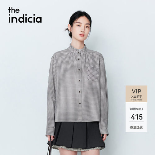 indicia标记2026春新款复古温柔精致荷叶边立领格纹衬衫L2A6CS029