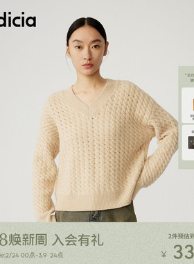 indicia标记商场同款秋冬V领绞花毛衣100羊毛针织衫女5D312MS660N