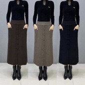 高腰A字冬裙弹力中年妈妈纽扣口袋加厚款 女士冬季 羊毛半身裙时尚