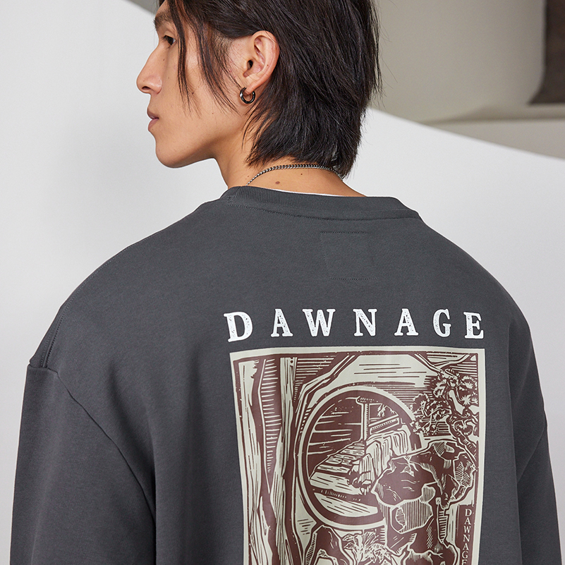 旦时代DAWNAGE新中式园林印花卫衣重磅480G纯棉保暖百搭情侣国潮