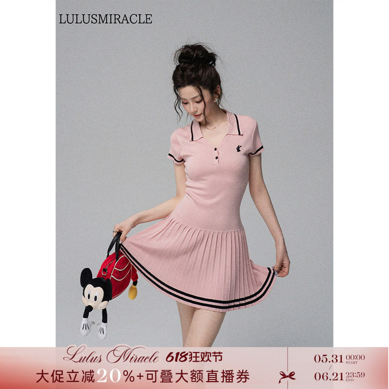 LulusMiracle【安妮日记】刺绣polo领短袖T恤裙女休闲运动百褶裙