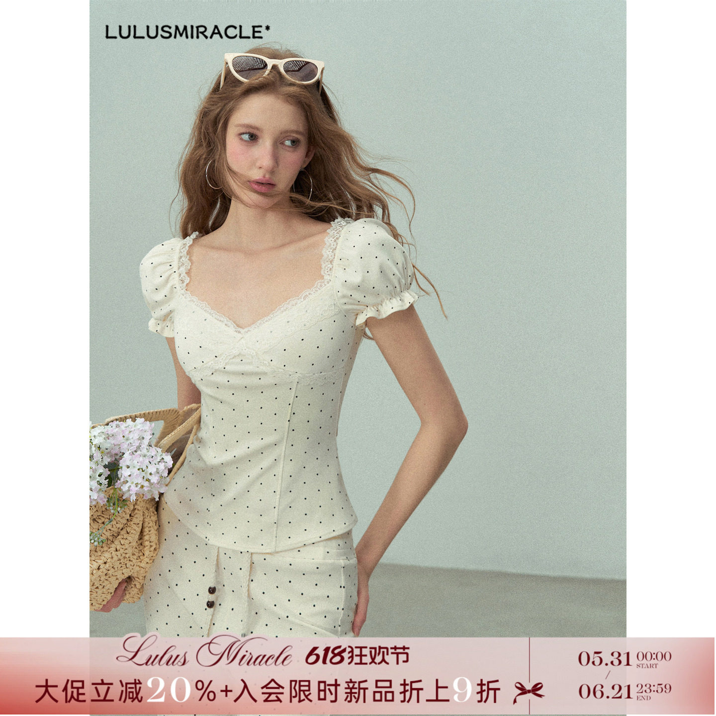 Lulusmiracle【泠波泡影】泡泡袖短袖简约芭蕾风波点法式女夏T恤