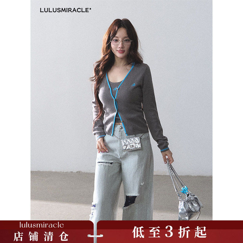 LulusMiracle【千禧街头】春季羊毛针织开衫+吊带背心+牛仔裤套装