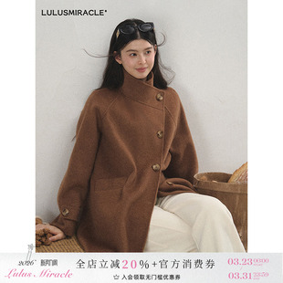 Lulusmiracle 纯绵羊毛双面呢大衣女棕色宽松毛呢外套 松果与雪