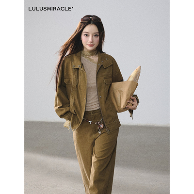 Lulusmiracle【秋日余辉】春冬复古纯棉做旧夹克外套+牛仔裤套装