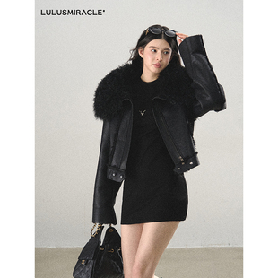 Lulusmiracle【约克街区】复古酷帅皮毛一体大毛领PU皮夹克外套女