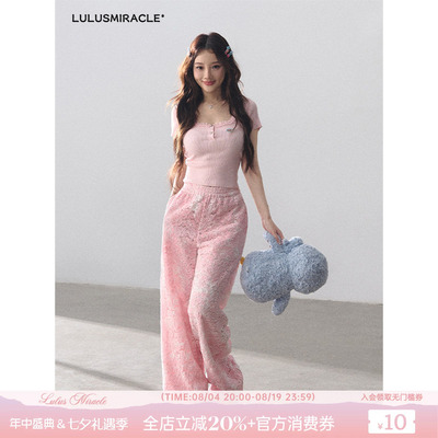 针织短袖上衣蕾丝阔腿裤套装