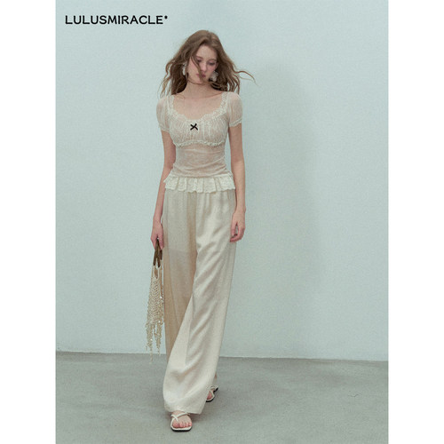 Lulusmiracle【雪梨冰裤】醋酸垂感显瘦法式气质轻奢蕾丝拼接长裤