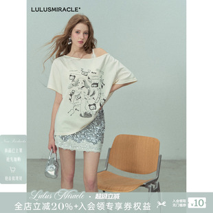 LulusMiracle【小狗阵线】设计感显瘦宽松斜肩印花短袖T恤上衣夏