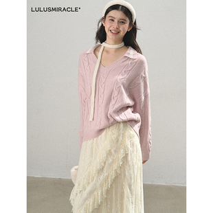 Lulusmiracle【一盏莓烛】 粉色V领宽松扭花毛针织衫长袖毛衣女冬