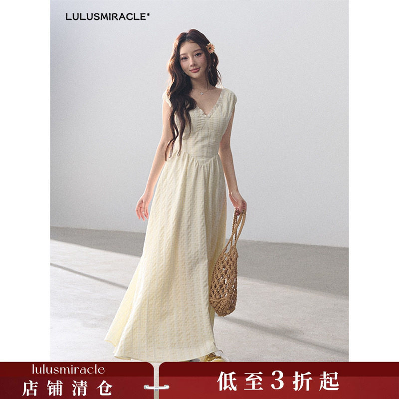 LulusMiracle【主角光环】法式V领收腰显瘦连衣裙女海边度假长裙