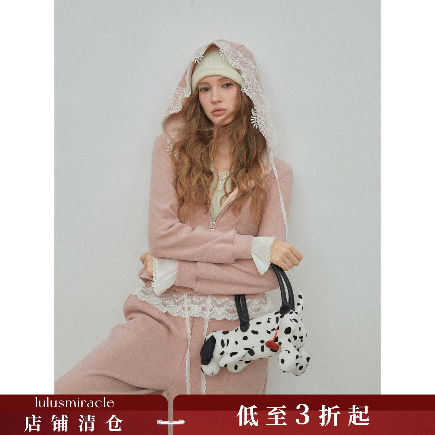 Lulusmiracle【粉黛珊瑚】日常百搭针织卫衣套装女连帽蕾丝粉上衣