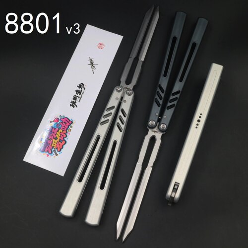 班输8801V3蝴蝶刀曜日花式一体铝合金安全不开刃音叉刃表演道具