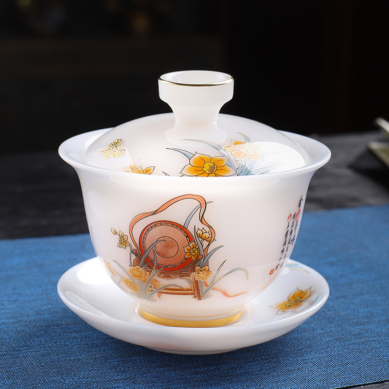 高端冰种盖碗陶瓷羊脂玉三才碗大师级古代乐器金鼓齐鸣敬茶碗家用