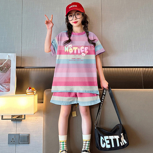 夏季清爽休闲女中大童24年新款撞色条纹短衣短裤运动套装