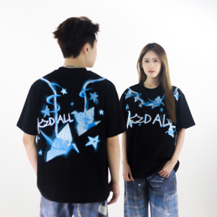 宽松美式 KZDALL原创设计 T恤夏季 刺绣短袖 休闲男女 玫瑰千纸鹤