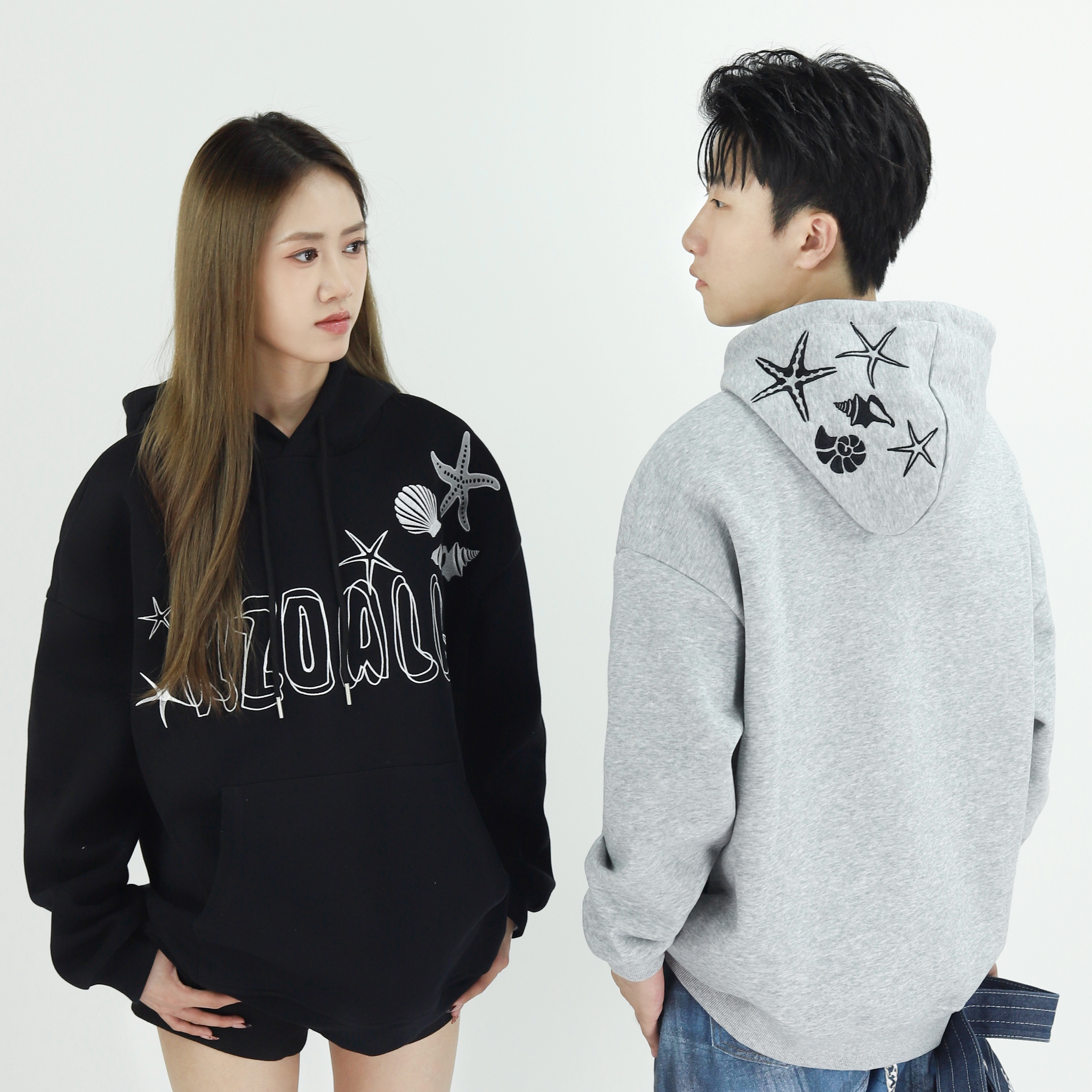 KZDALL原创设计海星贝壳刺绣连帽卫衣秋冬街头宽松氛围感男女帽衫