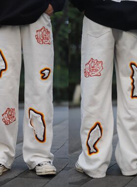 KZDALL原创设计燃烧玫瑰刺绣印花直筒休闲裤街头美式宽松长裤男女