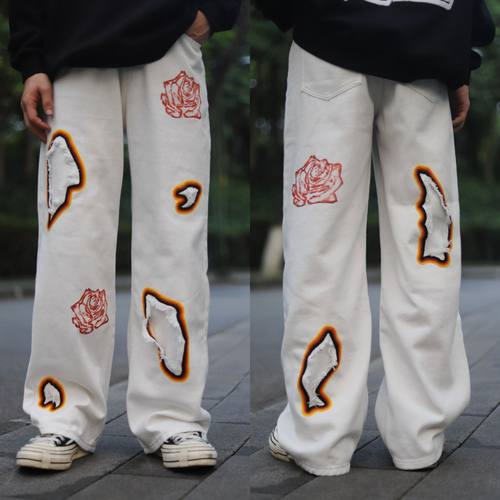 KZDALL燃烧玫瑰直筒休闲裤