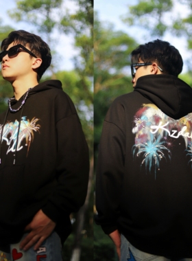 KZDALL原创设计七彩祥云烟花珍珠连帽卫衣秋冬宽松美式休闲男女潮