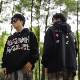 KZDALL原创设计拓瓣主义花卉印花连帽卫衣秋冬街头休闲情侣上衣潮