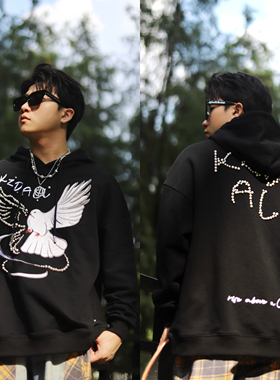 KZDALL原创设计珍珠鸽刺绣连帽卫衣秋冬休闲宽松潮流情侣上衣男女