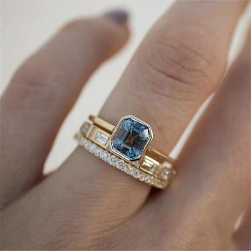 3pcs Acid Blue Crystal Rings for Women Fashion Yellow Gold C
