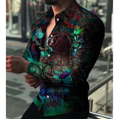 Men's plus-size printed fashion shirt 长袖大码印花潮流衬
