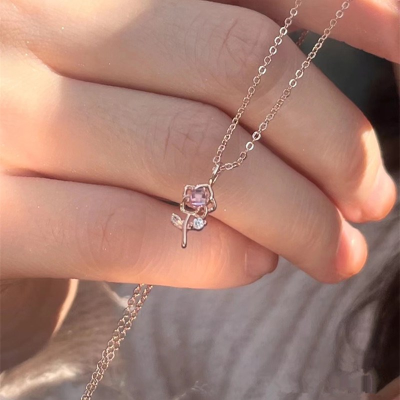 999纯银玫瑰花项链女小众设计感轻奢高级小花朵锁骨链2022年新款