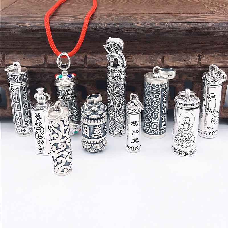 99纯银唐草纹复古吊坠男女士款空心可打开装东西项链配饰男生挂件