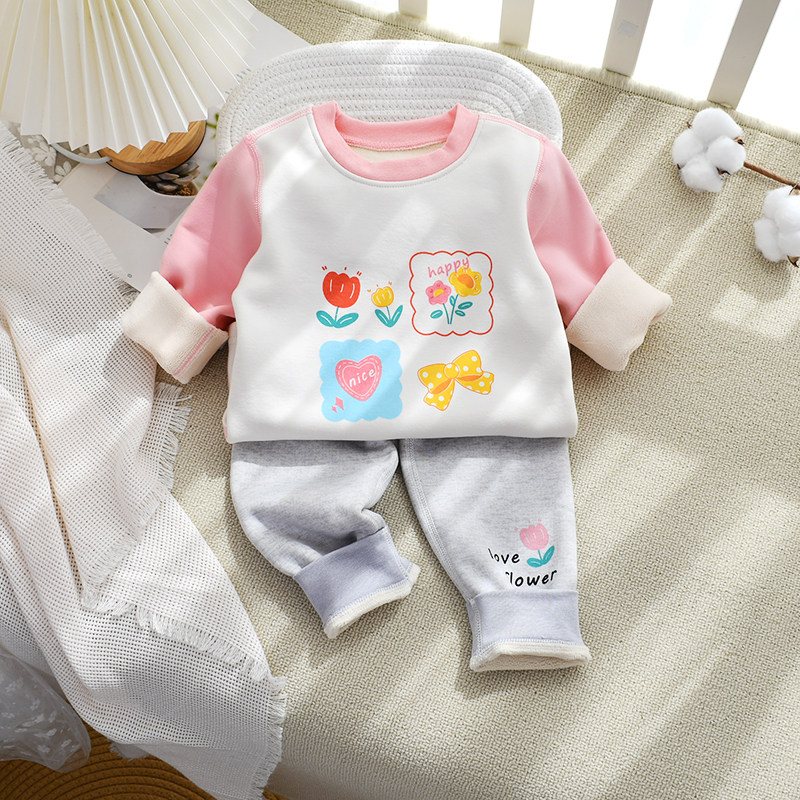 儿童保暖衣冬季内衣加厚洋派家居服一体绒弹力女宝宝卫衣套装加绒