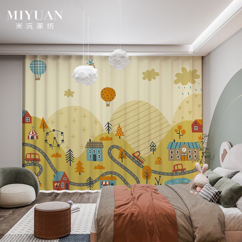 儿童房窗帘卡通工程车小汽车男孩卧室飘J窗学校幼儿园遮光定制纱