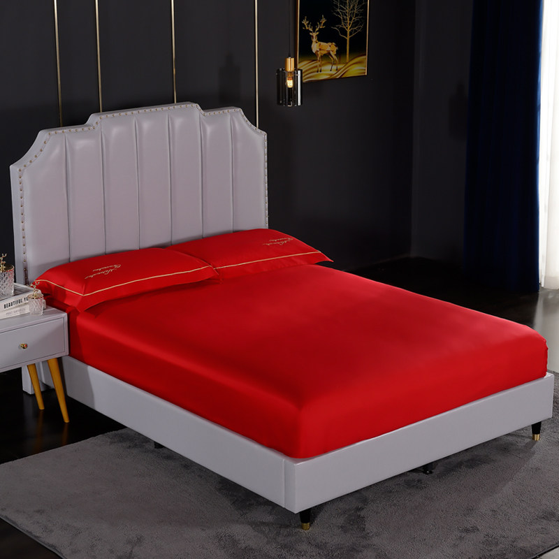 80支纯棉床笠三件套1.5米长绒x棉全棉单件180x200结婚庆大红色简