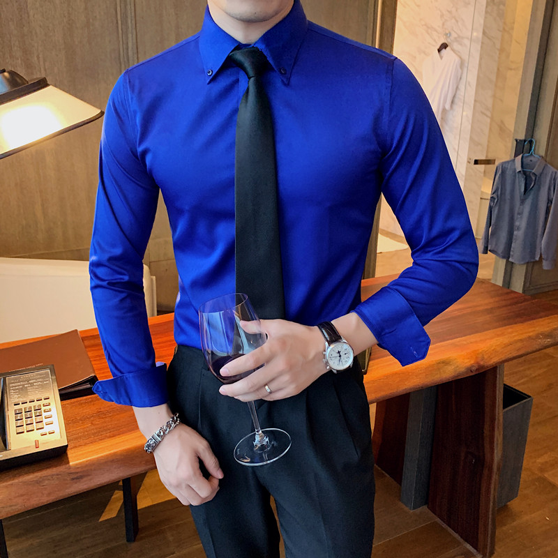 秋季韩版修身男士纯色长袖衬衫英伦商务休闲大领白色衬衣西装内搭