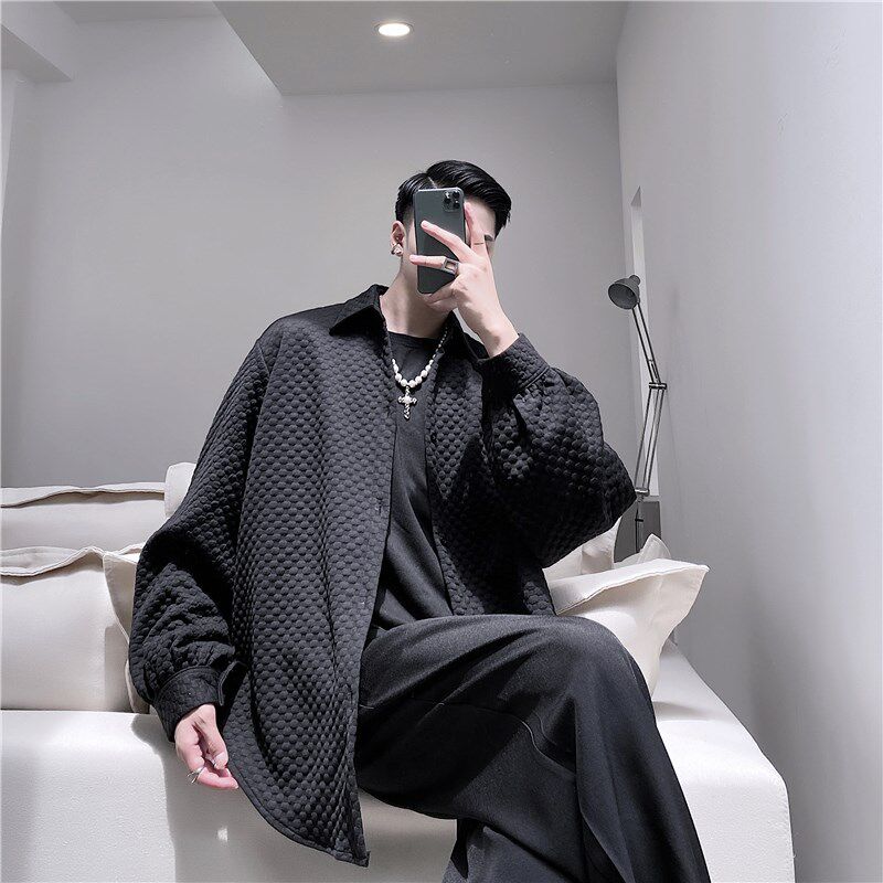 春季暗黑风立体波点压花衬衫男长袖个性小众宽松纯色休闲衬衣外套