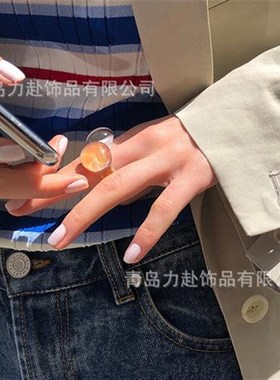 半圆弧形立体玻璃戒指白色穿搭时尚指环琉璃多色食指环透明戒