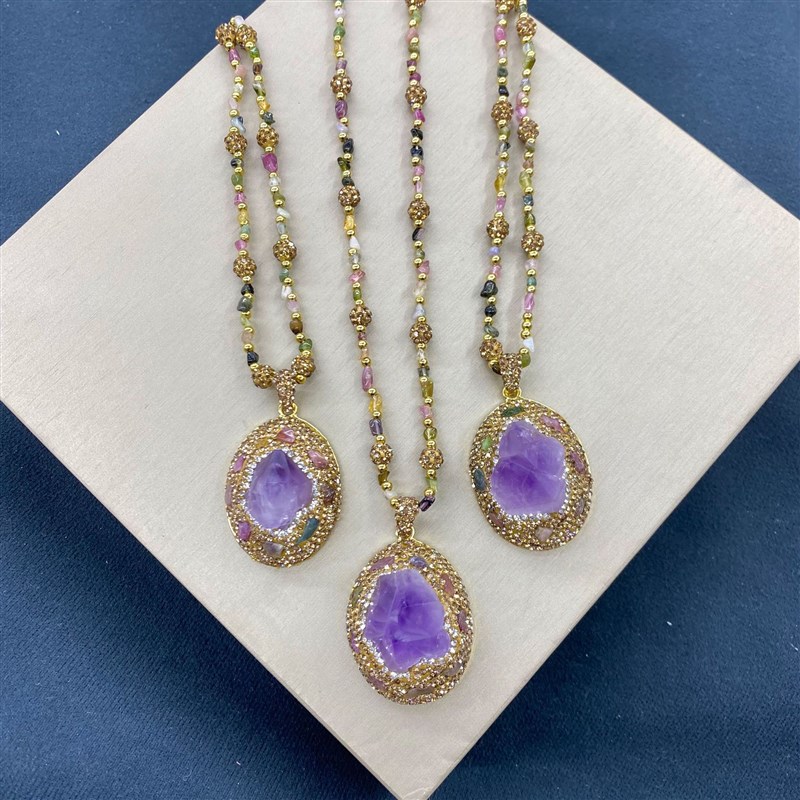 新款天然紫水晶高档项链紫晶吊坠设计感长款毛衣链高级感小众女