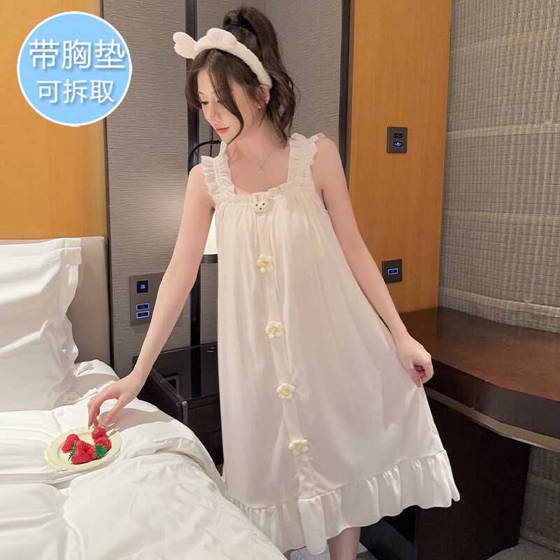 带胸垫睡裙女夏季k纯棉吊带背心甜美纯欲风少女连衣裙子睡衣家居