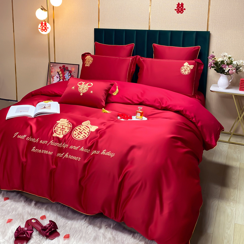 婚庆四件套纯棉大红色高档简约刺绣全棉结婚房喜被嫁床笠床上用品