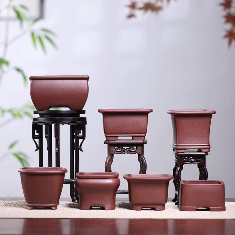 紫砂花盆优质紫泥四方微r型正方形盆景盆匠人手工桌面菖蒲多肉盆