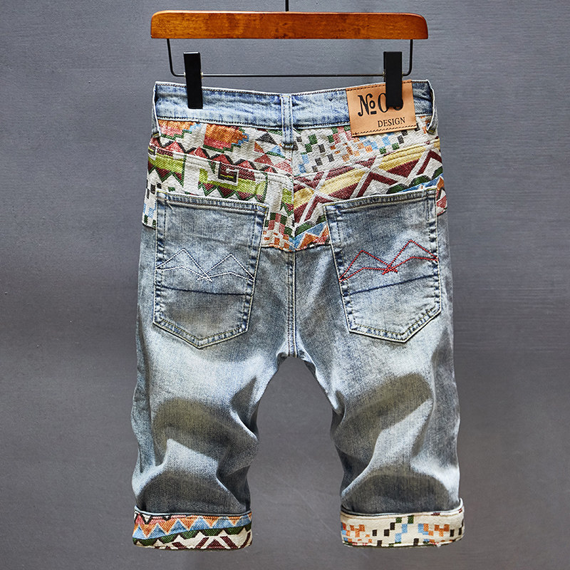 刺绣破洞牛仔短裤男士潮牌修身直筒五分中裤夏季薄款X马裤韩版潮