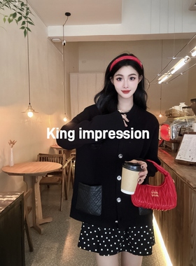 GWYX 小香真皮口袋设计 黑色羊绒圆领长袖外套针织衫 宽松百搭