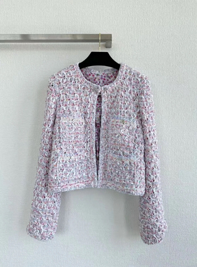 King impression 早春新款小香风彩色粉紫色亮片编织针织外套短款