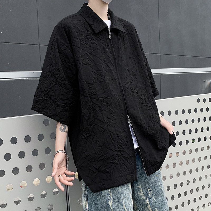 百搭男装开衫外套翻领纯色垂感韩版五分袖原宿风拉链夏季衬衣简约