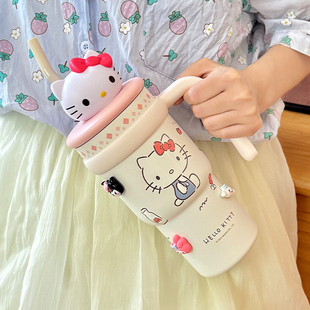 女生高颜值吸管水杯子 HelloKitty保温杯可爱大容量冰霸杯2025新款