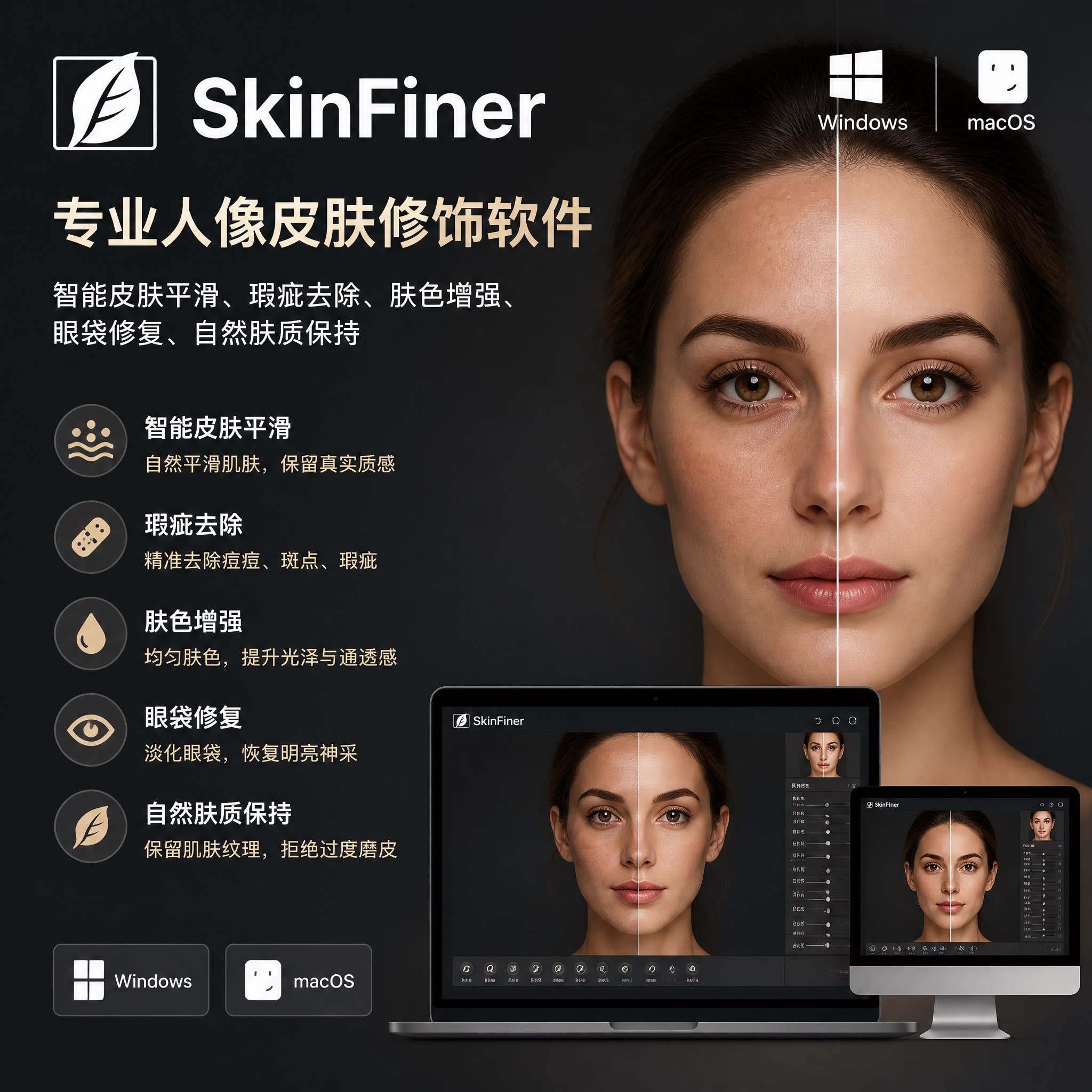 ps磨皮插件SkinFiner5.72一键自动批量磨皮修图美白调色美妆滤镜