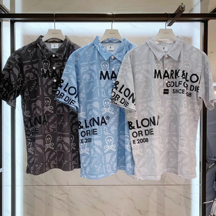 出口原单高尔夫男士球服骷髅头印花翻领短袖T恤户外运动速干上衣